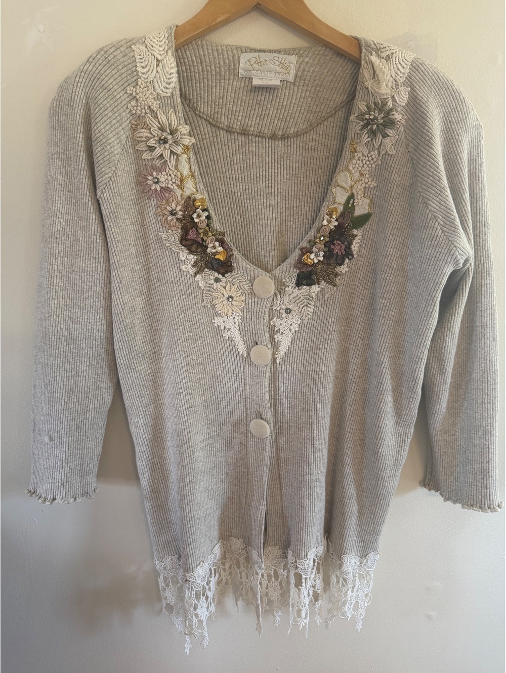 Phun Shirts Beaded Embroidered Lacey Vintage Cardigan Size Large